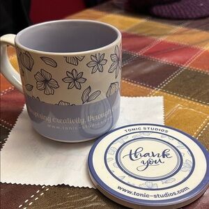 Blue and White Floral Mug with Coaster.   For crafters brand new